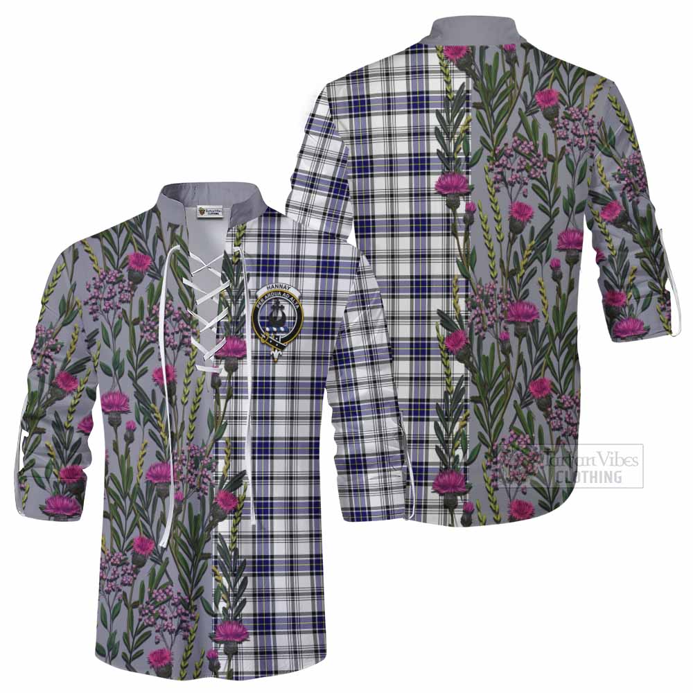 Hannay Family Crest Tartan Ghillie Shirt Scottish Thistle Flower Pattern Half Style - Tartan Vibes Clothing
