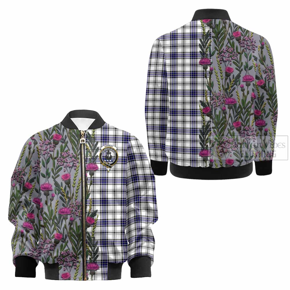 Hannay Family Crest Tartan Kid Bomber Jacket Scottish Thistle Flower Pattern Half Style - Tartan Vibes Clothing