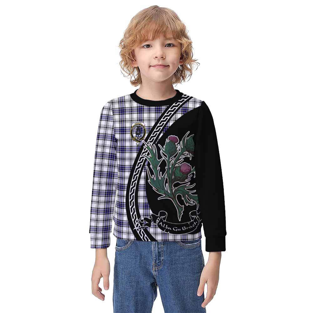 Hannay Family Crest Tartan Kid Knitted Sweatshirt Alba Thistle Inspired - Tartan Vibes Clothing