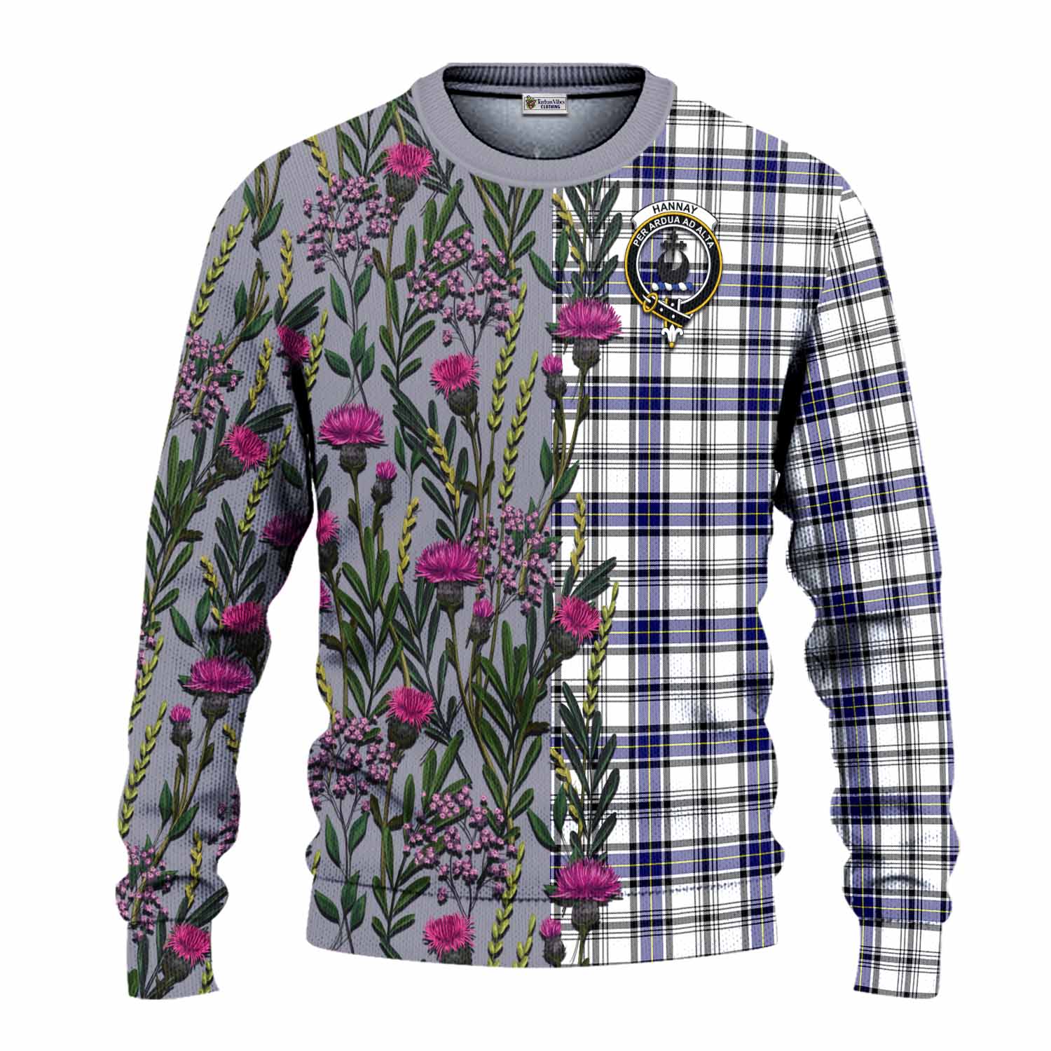 Hannay Family Crest Tartan Knitted Sweater Scottish Thistle Flower Pattern Half Style - Tartan Vibes Clothing