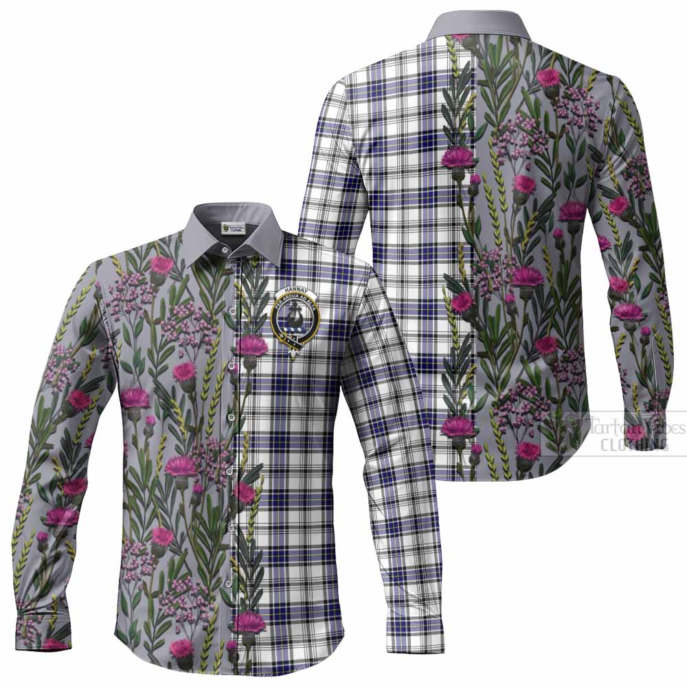 Hannay Family Crest Tartan Long Sleeve Button Shirts Scottish Thistle Flower Pattern Half Style - Tartan Vibes Clothing
