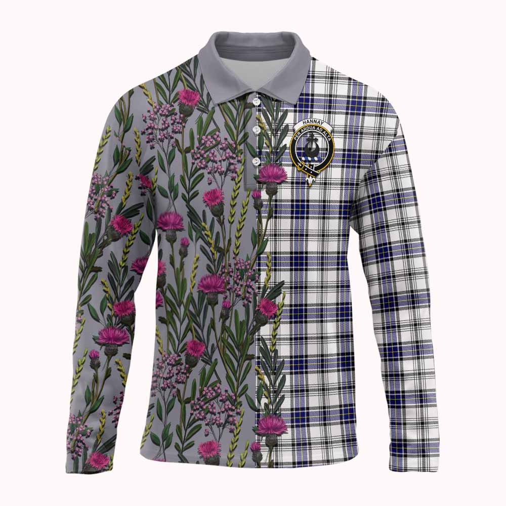 Hannay Family Crest Tartan Long Sleeve Polo Shirt Scottish Thistle Flower Pattern Half Style - Tartan Vibes Clothing