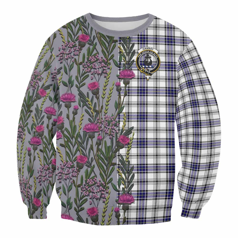 Hannay Family Crest Tartan Sweatshirt Scottish Thistle Flower Pattern Half Style - Tartan Vibes Clothing