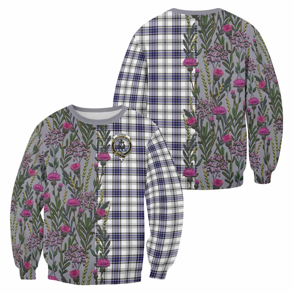 Hannay Family Crest Tartan Sweatshirt Scottish Thistle Flower Pattern Half Style - Tartan Vibes Clothing