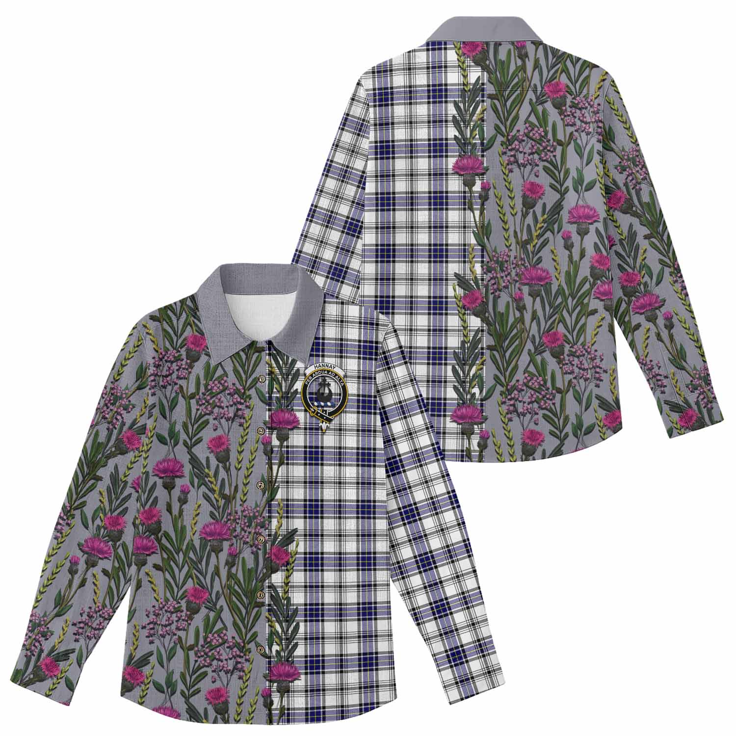 Hannay Family Crest Tartan Women Casual Shirt Scottish Thistle Flower Pattern Half Style - Tartan Vibes Clothing