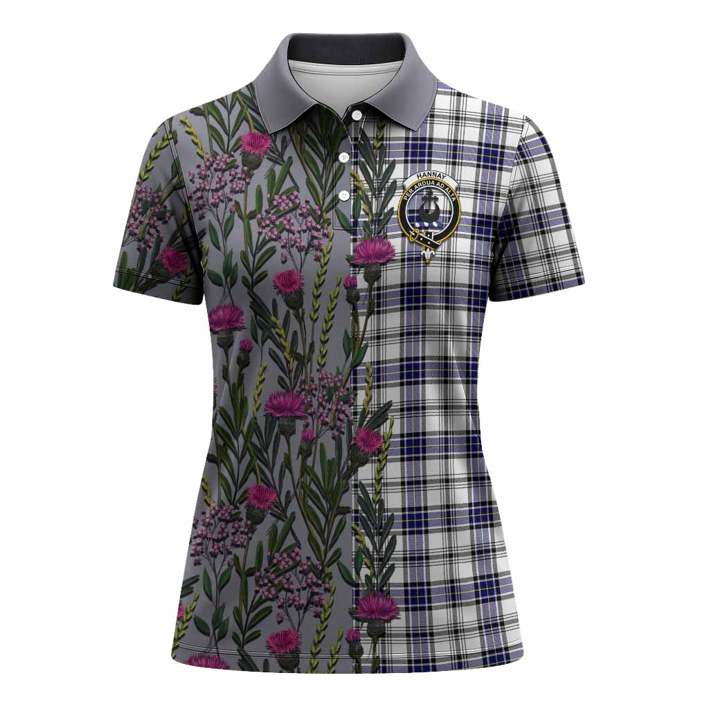 Hannay Family Crest Tartan Women Polo Shirt Scottish Thistle Flower Pattern Half Style - Tartan Vibes Clothing