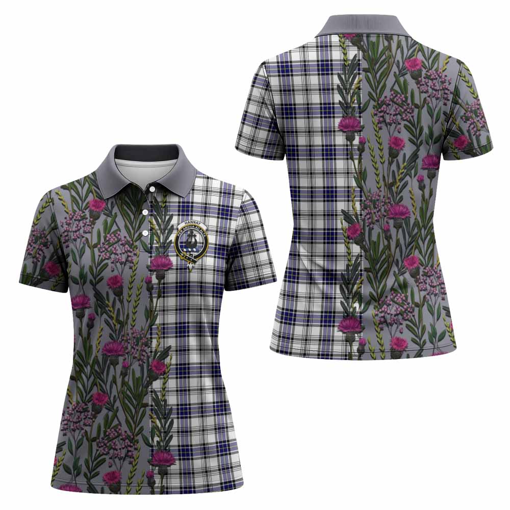 Hannay Family Crest Tartan Women Polo Shirt Scottish Thistle Flower Pattern Half Style - Tartan Vibes Clothing