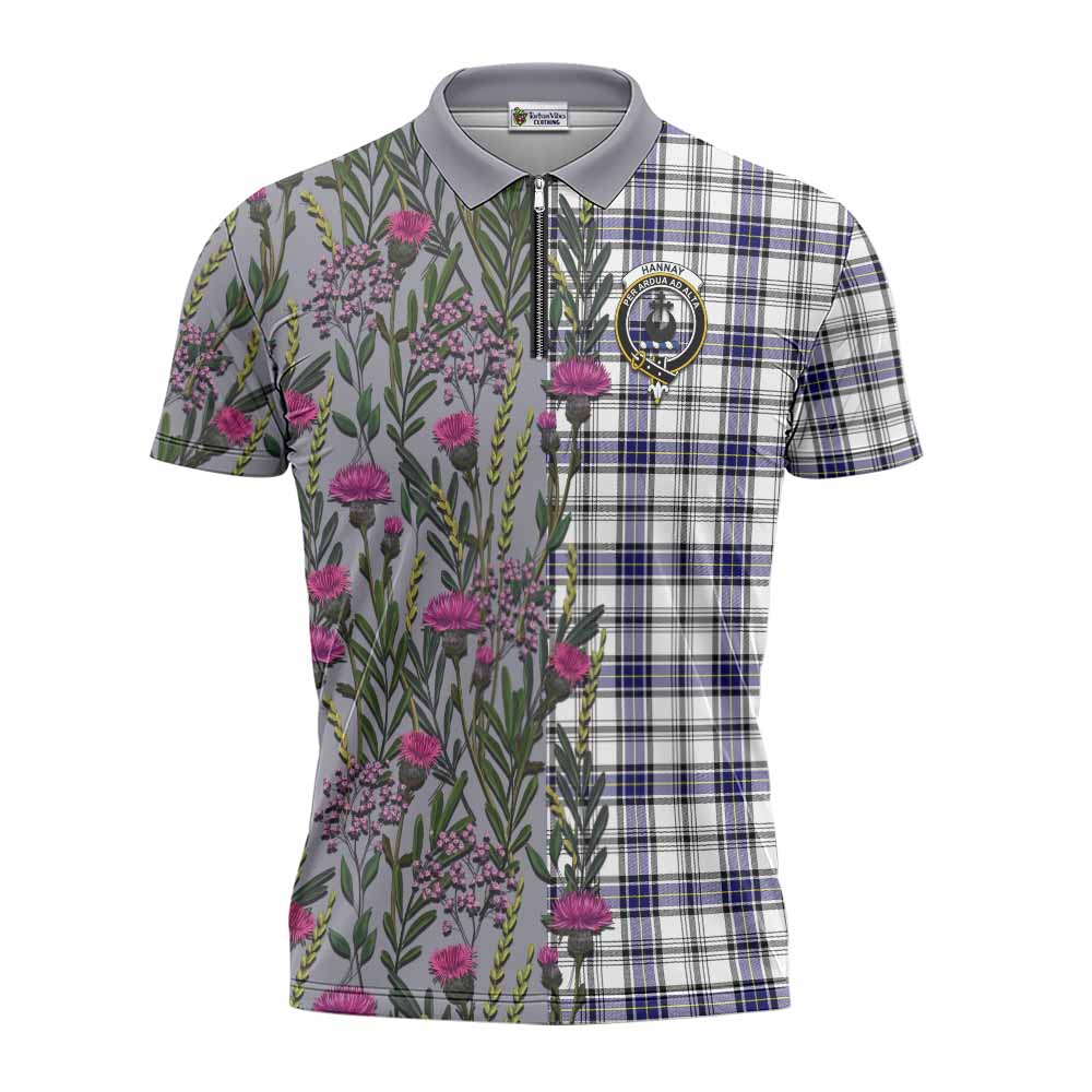 Hannay Family Crest Tartan Zipper Polo Shirt Scottish Thistle Flower Pattern Half Style - Tartan Vibes Clothing