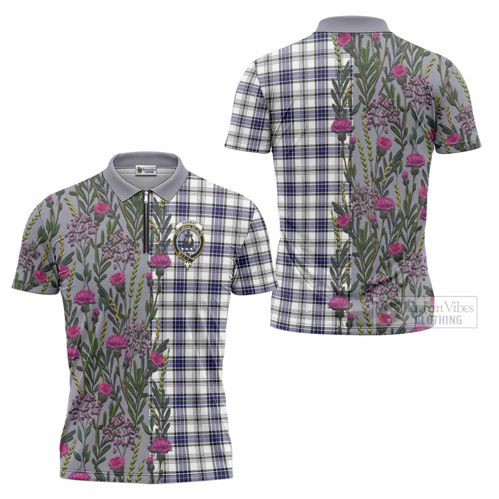 Hannay Family Crest Tartan Zipper Polo Shirt Scottish Thistle Flower Pattern Half Style - Tartan Vibes Clothing