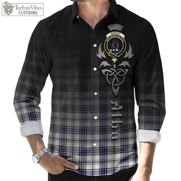 Hannay Tartan Long Sleeve Button Up Featuring Alba Gu Brath Family Crest Celtic Inspired