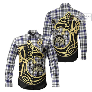 Hannay Tartan Long Sleeve Button Shirt with Family Crest Celtic Wolf Style