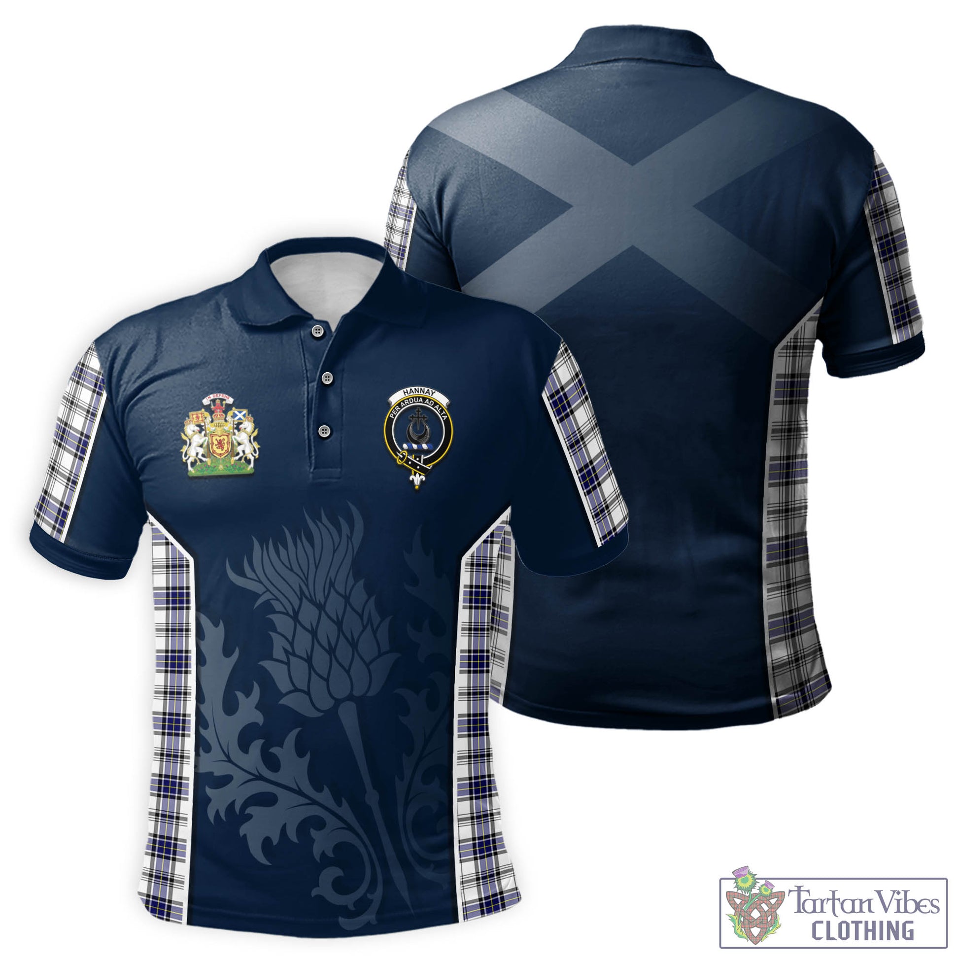 Tartan Vibes Clothing Hannay Modern Tartan Men's Polo Shirt with Family Crest and Scottish Thistle Vibes Sport Style