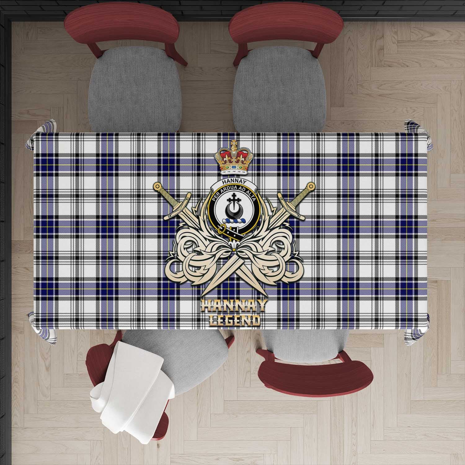 Tartan Vibes Clothing Hannay Modern Tartan Tablecloth with Clan Crest and the Golden Sword of Courageous Legacy