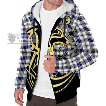 Hannay Tartan Sherpa Hoodie with Family Crest Celtic Wolf Style