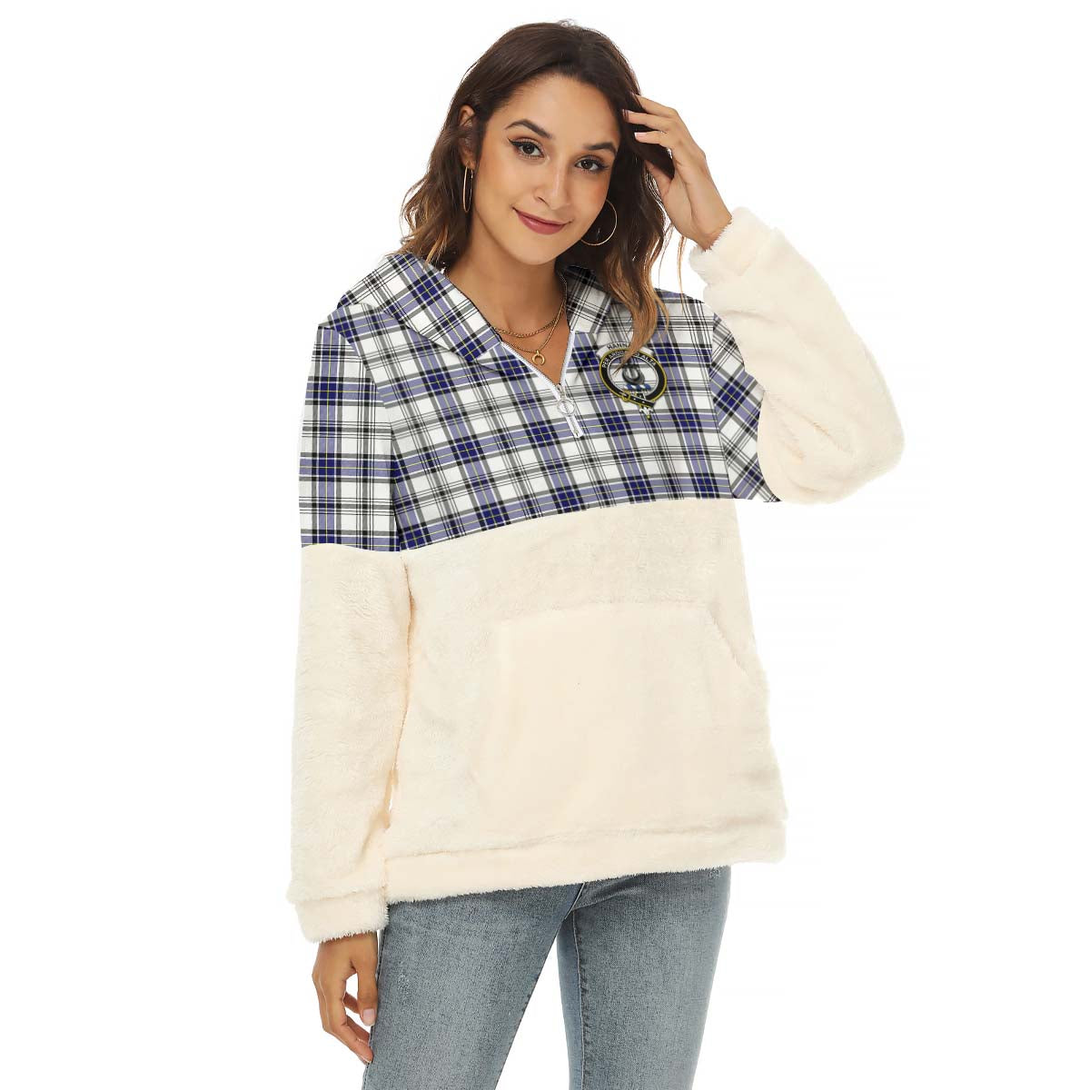 Hannay Tartan Women's Borg Fleece Hoodie With Half Zip with Family Crest Female - Tartan Vibes Clothing