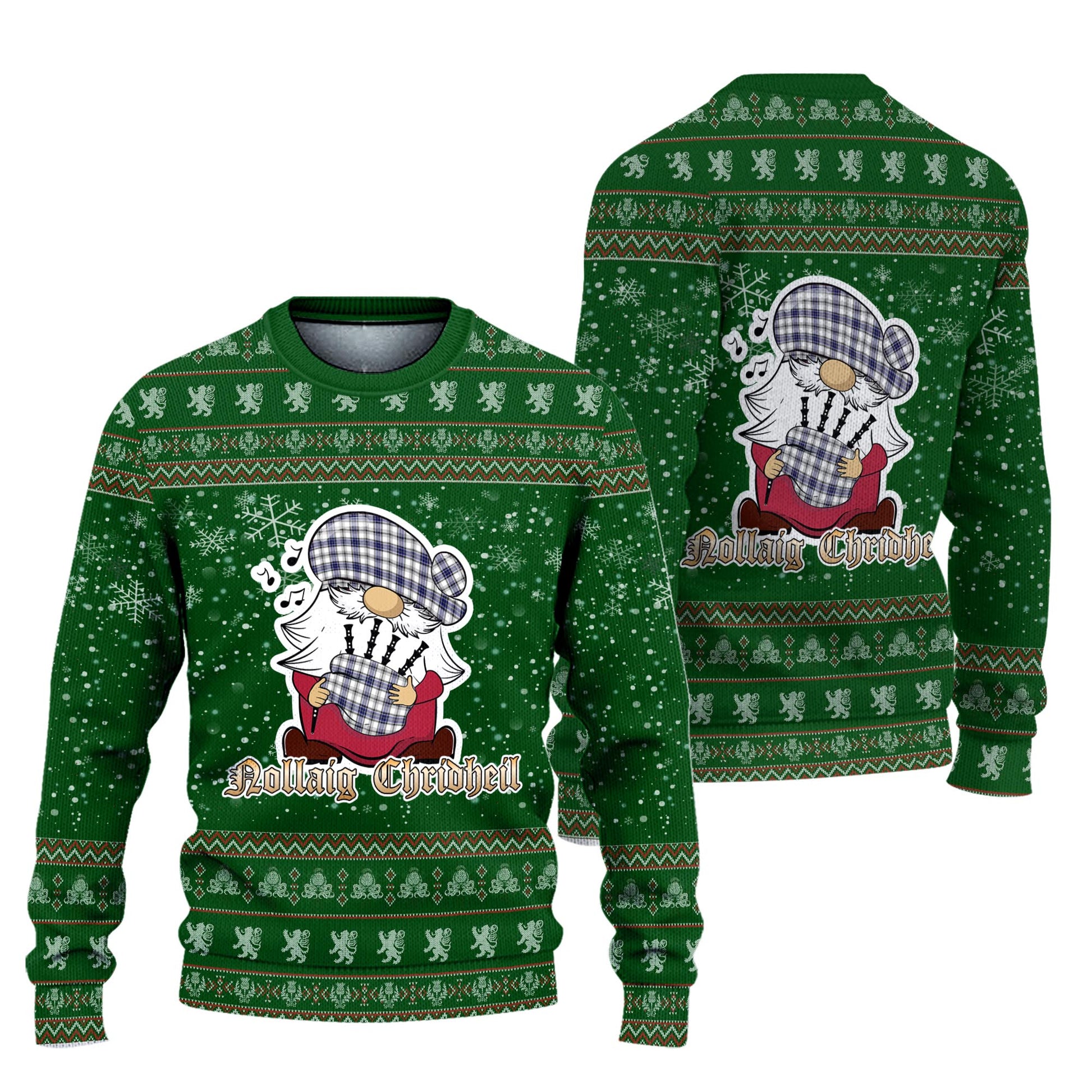 Hannay Modern Clan Christmas Family Knitted Sweater with Funny Gnome Playing Bagpipes Unisex Green - Tartanvibesclothing
