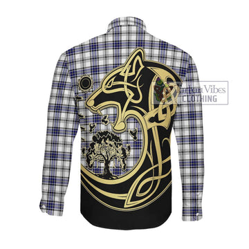 Hannay Tartan Long Sleeve Button Shirt with Family Crest Celtic Wolf Style