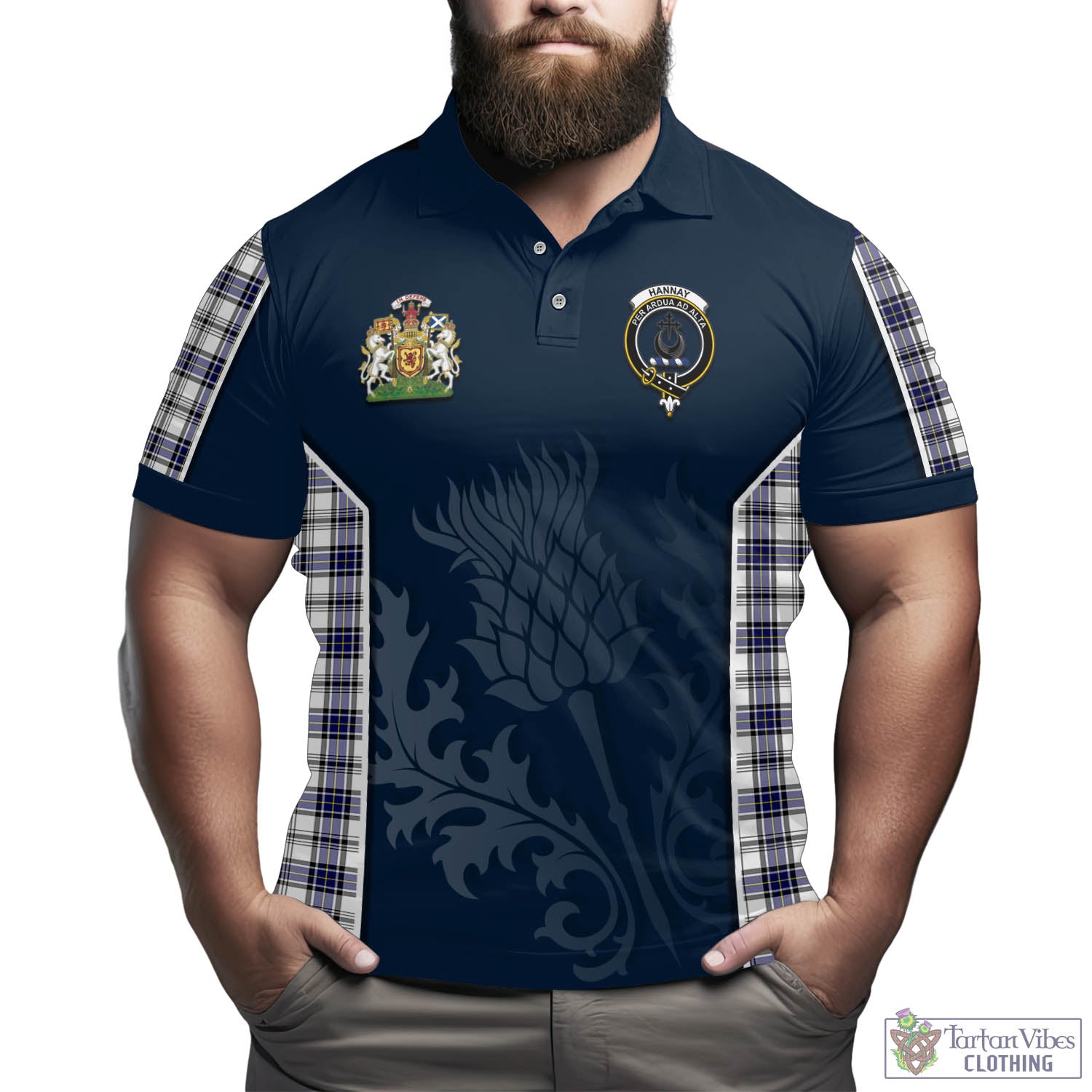 Tartan Vibes Clothing Hannay Modern Tartan Men's Polo Shirt with Family Crest and Scottish Thistle Vibes Sport Style