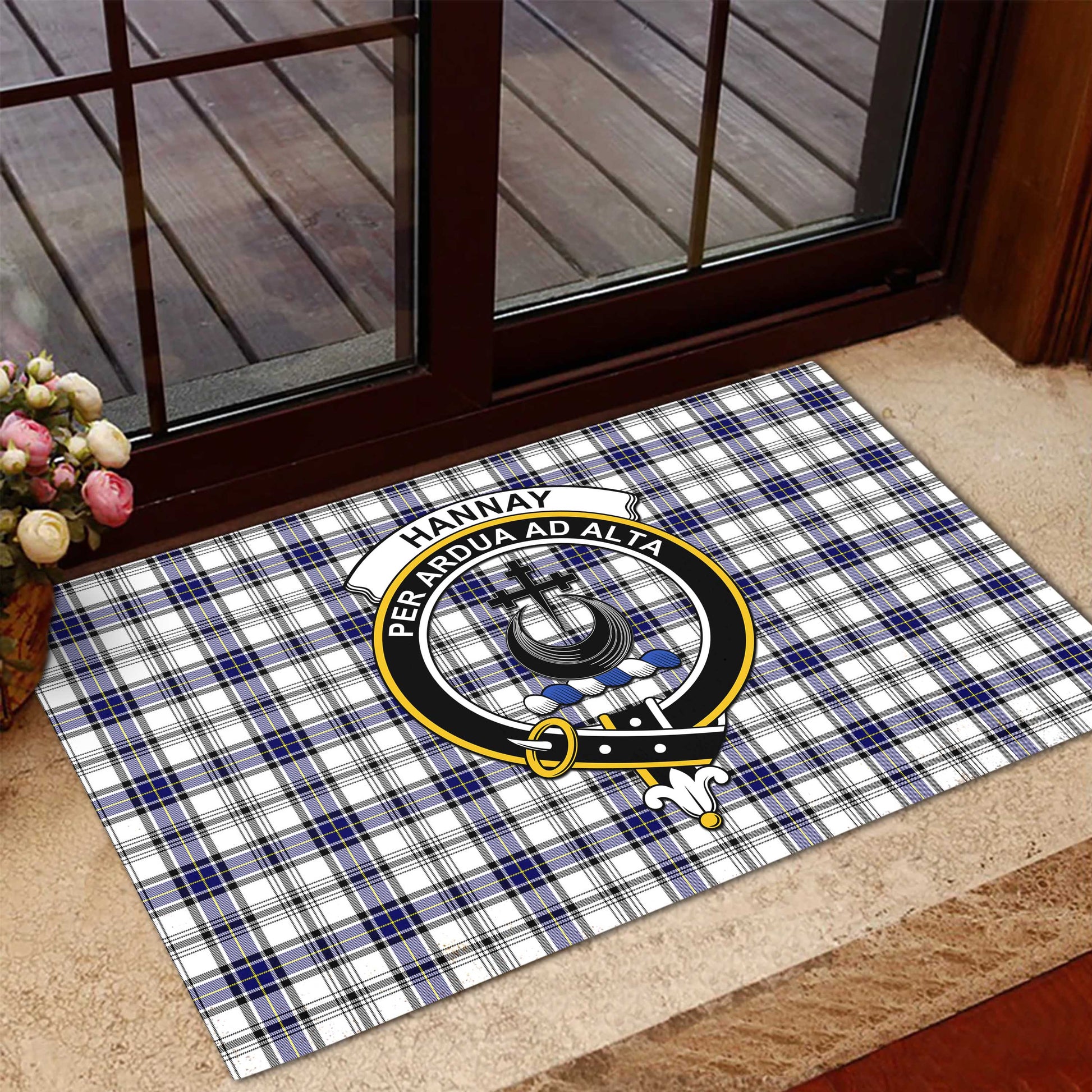 Hannay Modern Tartan Door Mat with Family Crest - Tartanvibesclothing
