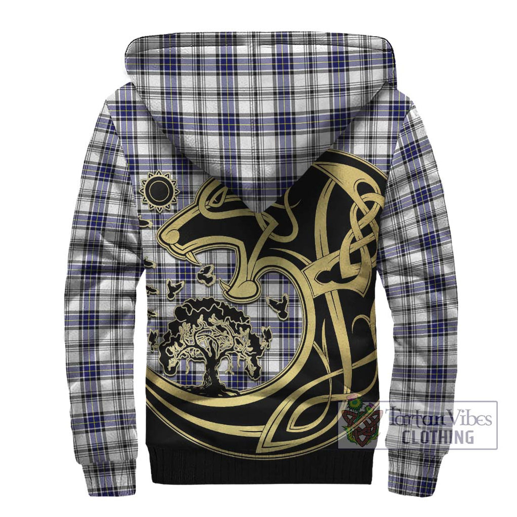 Hannay Tartan Sherpa Hoodie with Family Crest Celtic Wolf Style - Tartan Vibes Clothing