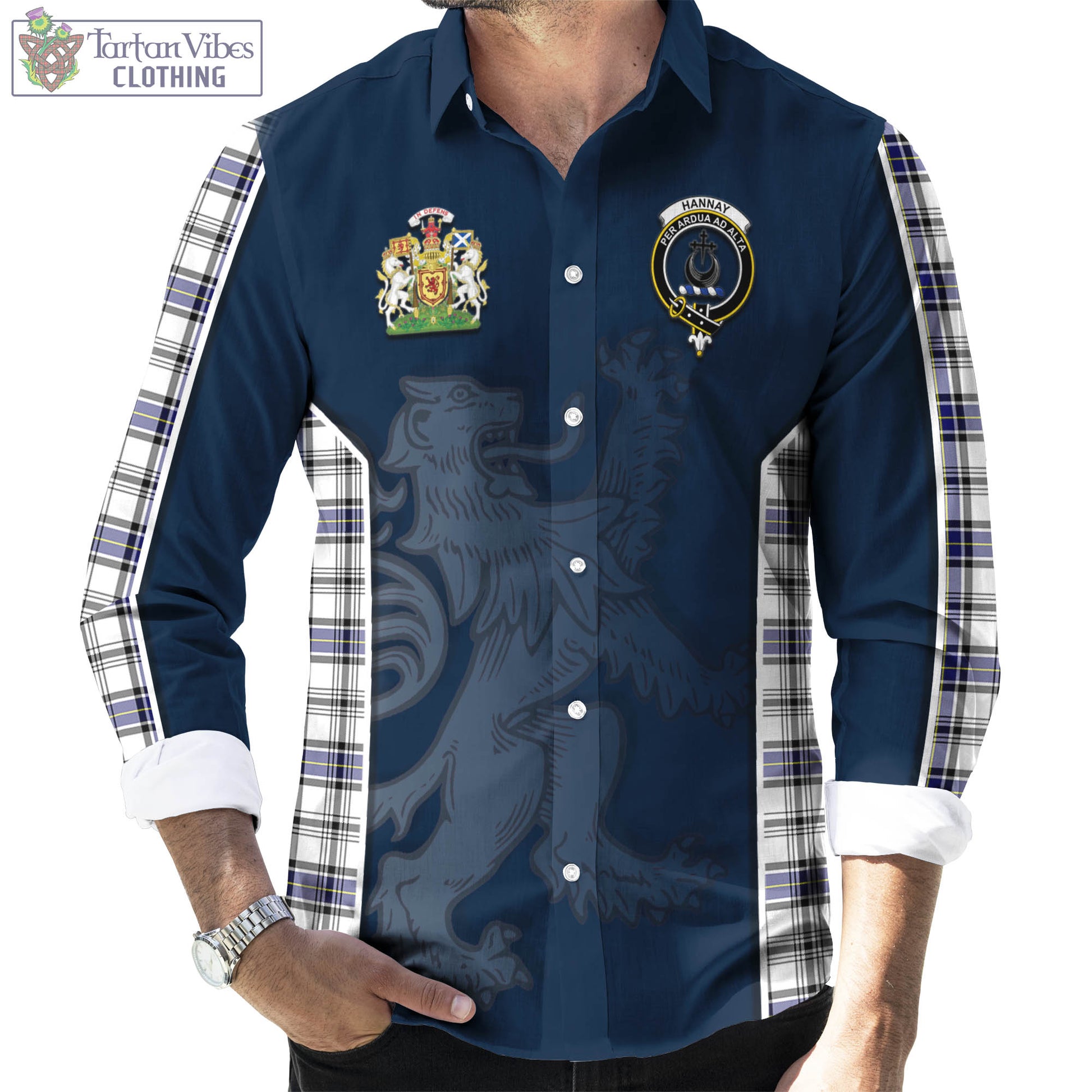 Tartan Vibes Clothing Hannay Modern Tartan Long Sleeve Button Up Shirt with Family Crest and Lion Rampant Vibes Sport Style