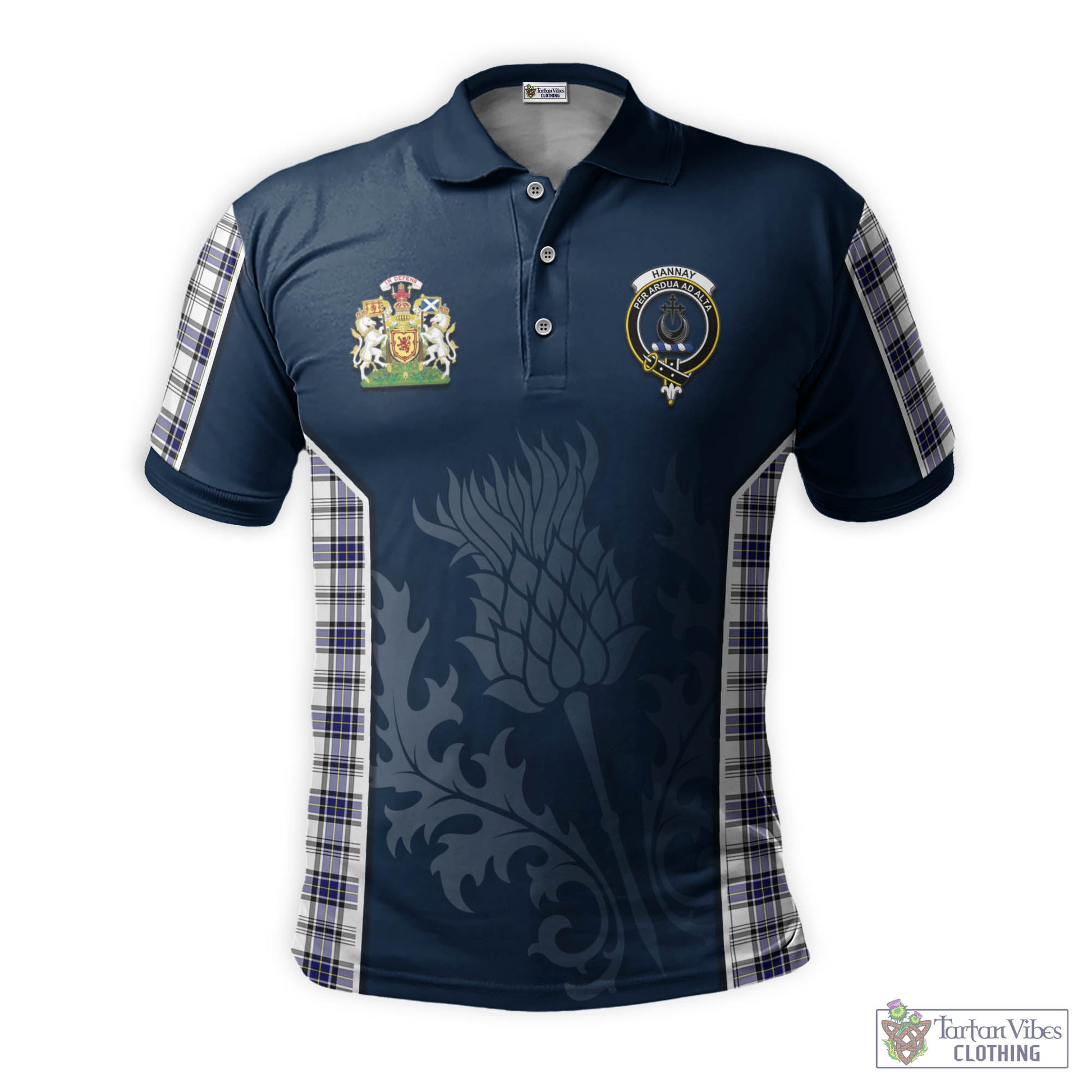 Tartan Vibes Clothing Hannay Modern Tartan Men's Polo Shirt with Family Crest and Scottish Thistle Vibes Sport Style