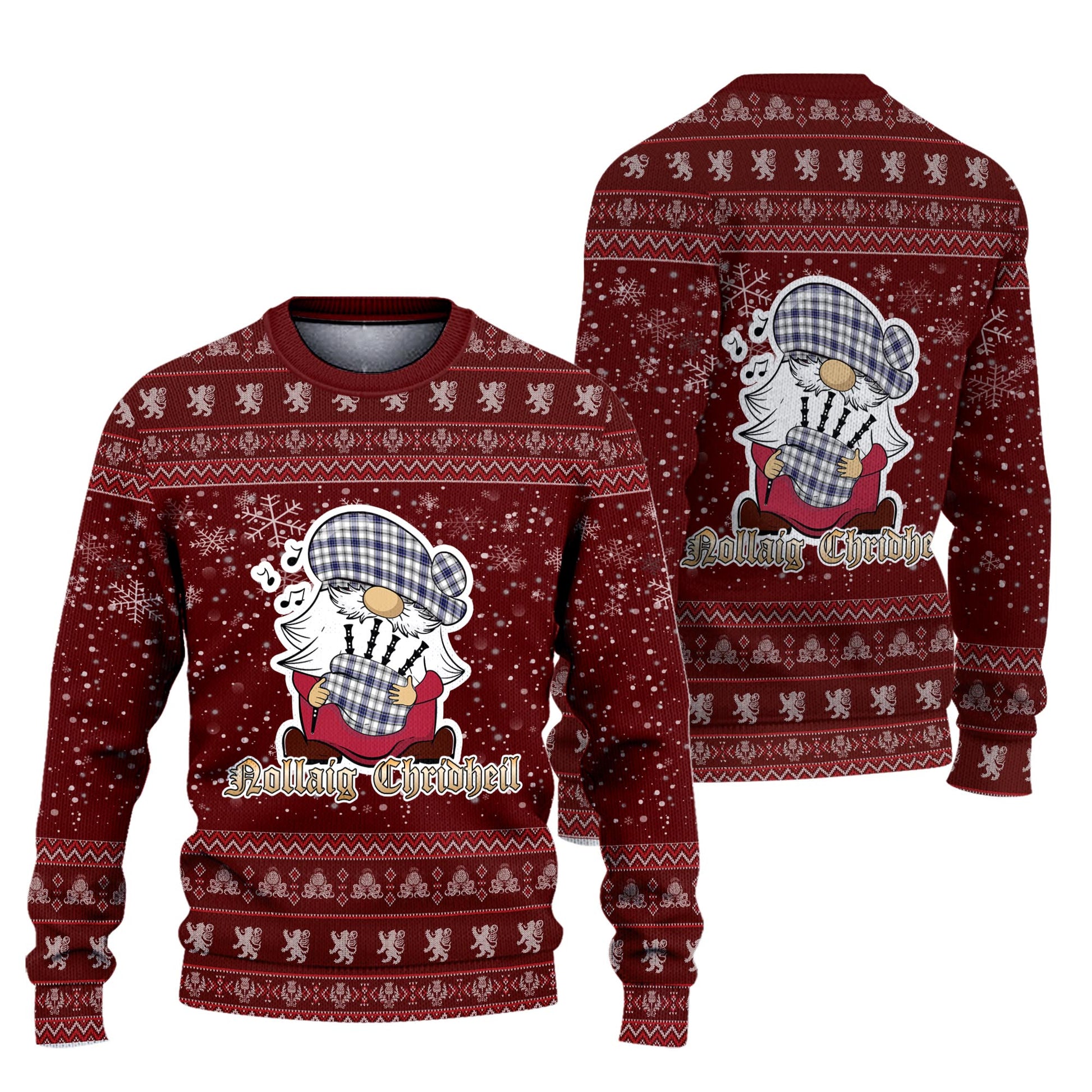 Hannay Modern Clan Christmas Family Knitted Sweater with Funny Gnome Playing Bagpipes Unisex Red - Tartanvibesclothing