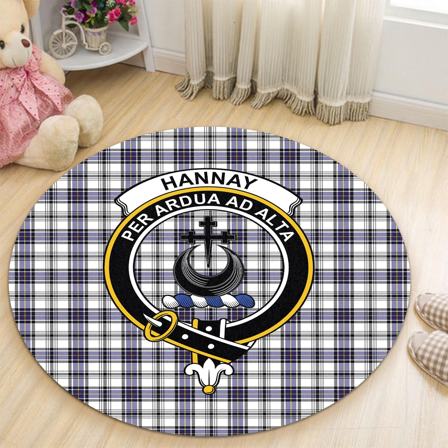 hannay-modern-tartan-round-rug-with-family-crest