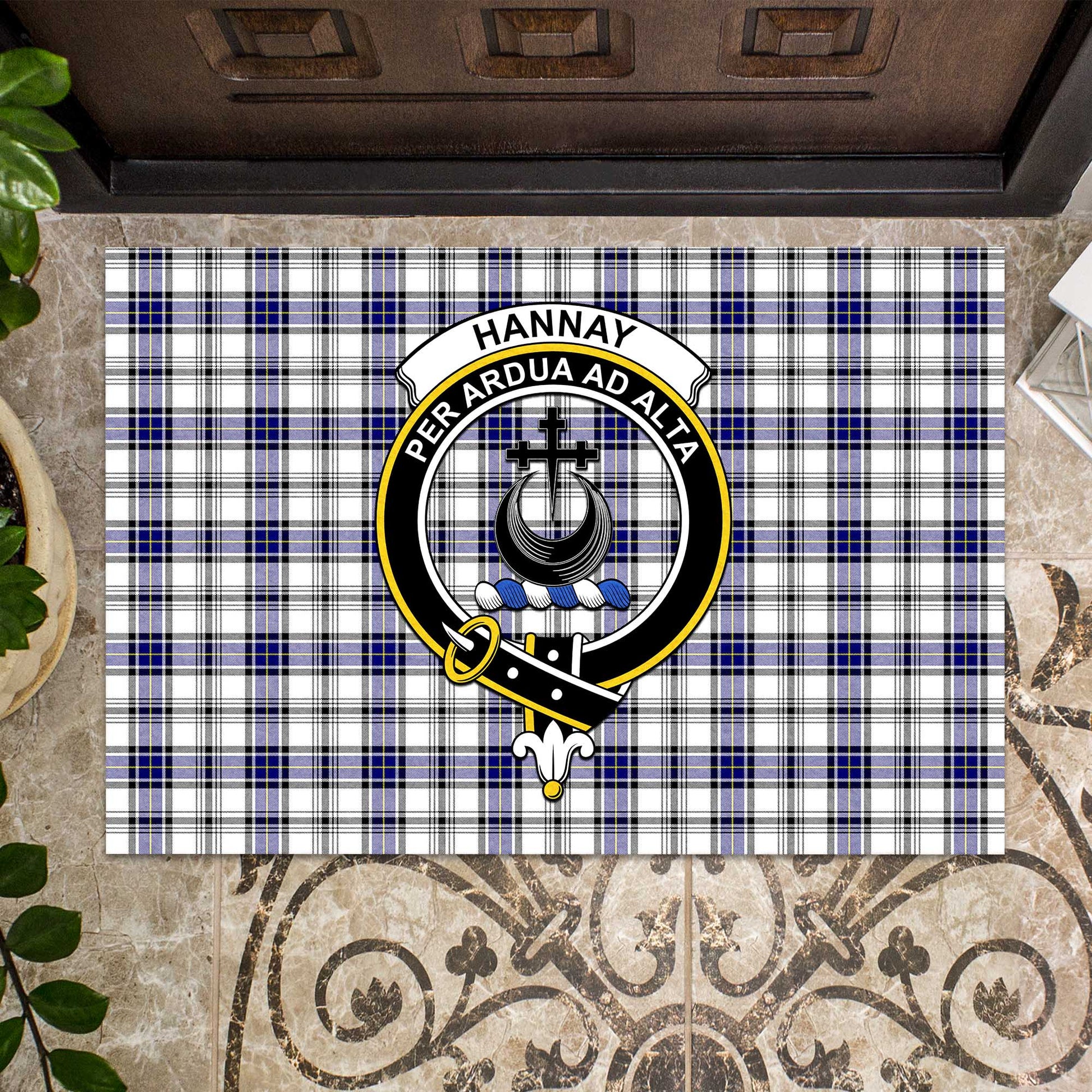 Hannay Modern Tartan Door Mat with Family Crest - Tartanvibesclothing
