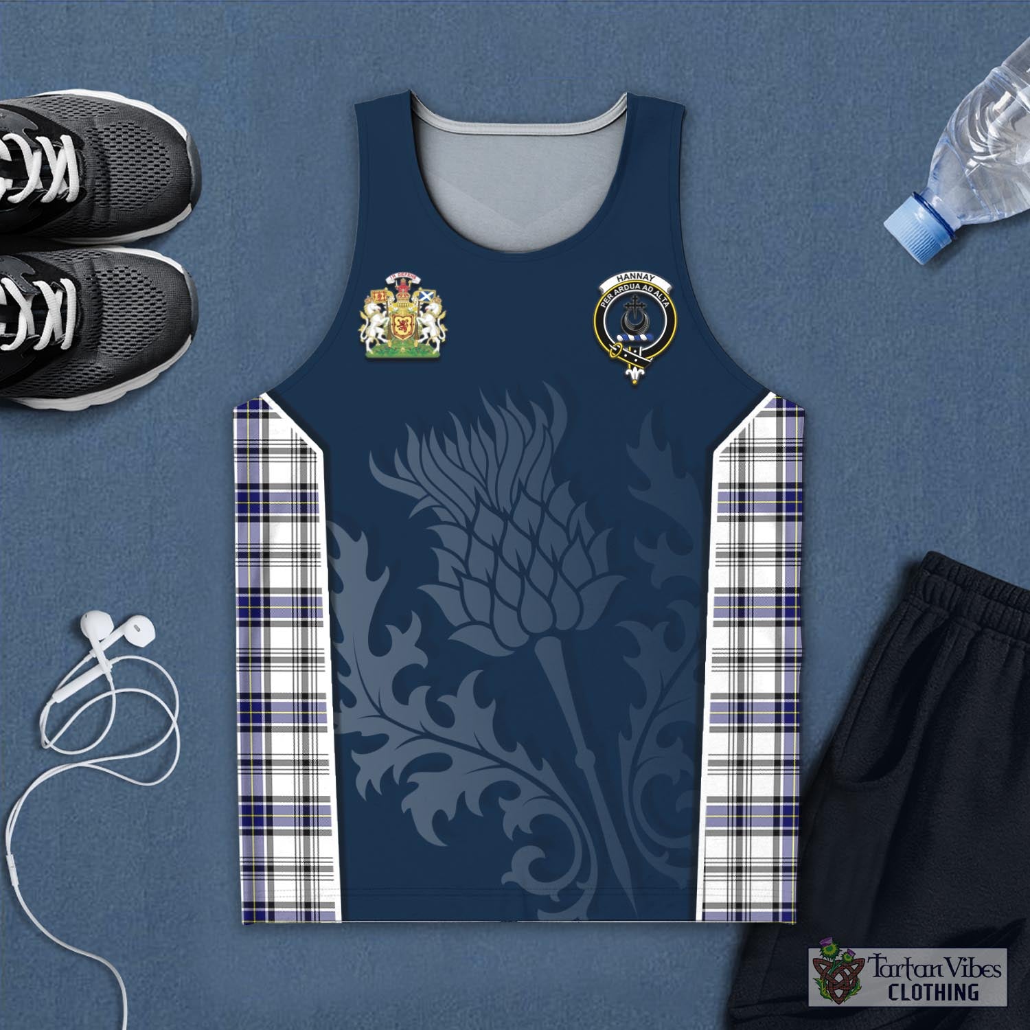Tartan Vibes Clothing Hannay Modern Tartan Men's Tanks Top with Family Crest and Scottish Thistle Vibes Sport Style