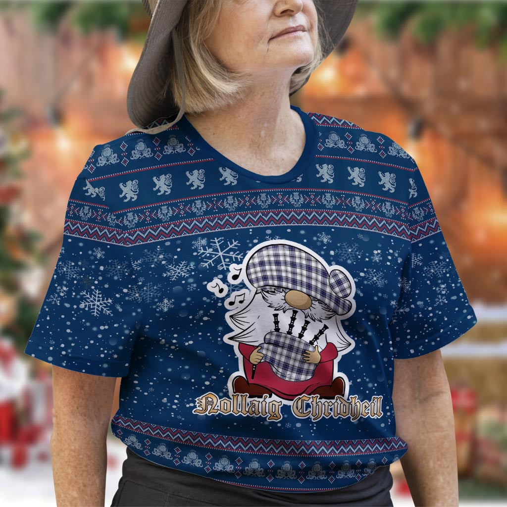 Hannay Modern Clan Christmas Family T-Shirt with Funny Gnome Playing Bagpipes Women's Shirt Blue - Tartanvibesclothing