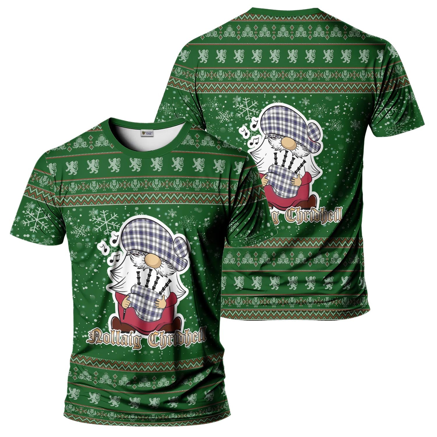 Hannay Modern Clan Christmas Family T-Shirt with Funny Gnome Playing Bagpipes Men's Shirt Green - Tartanvibesclothing