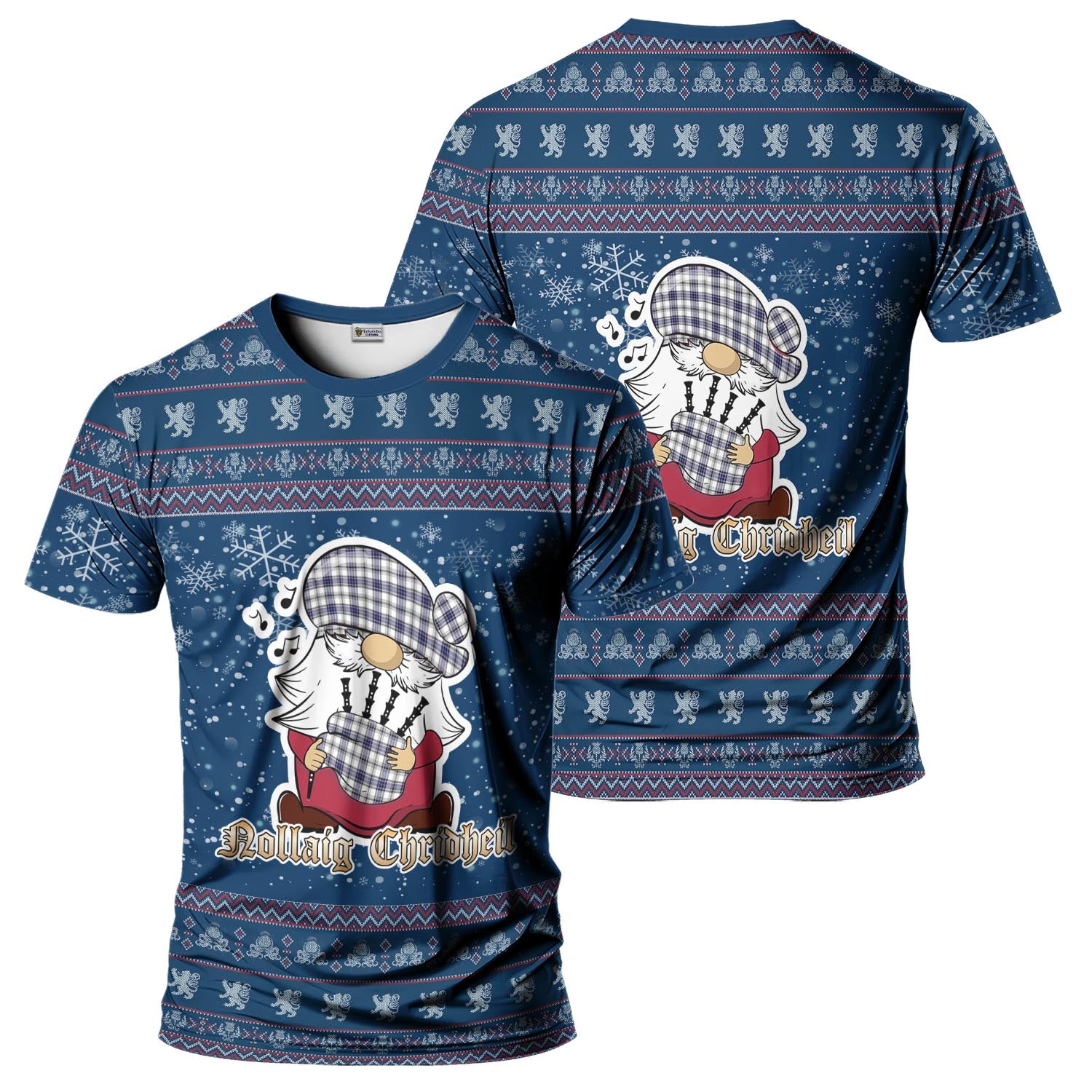 Hannay Modern Clan Christmas Family T-Shirt with Funny Gnome Playing Bagpipes Kid's Shirt Blue - Tartanvibesclothing