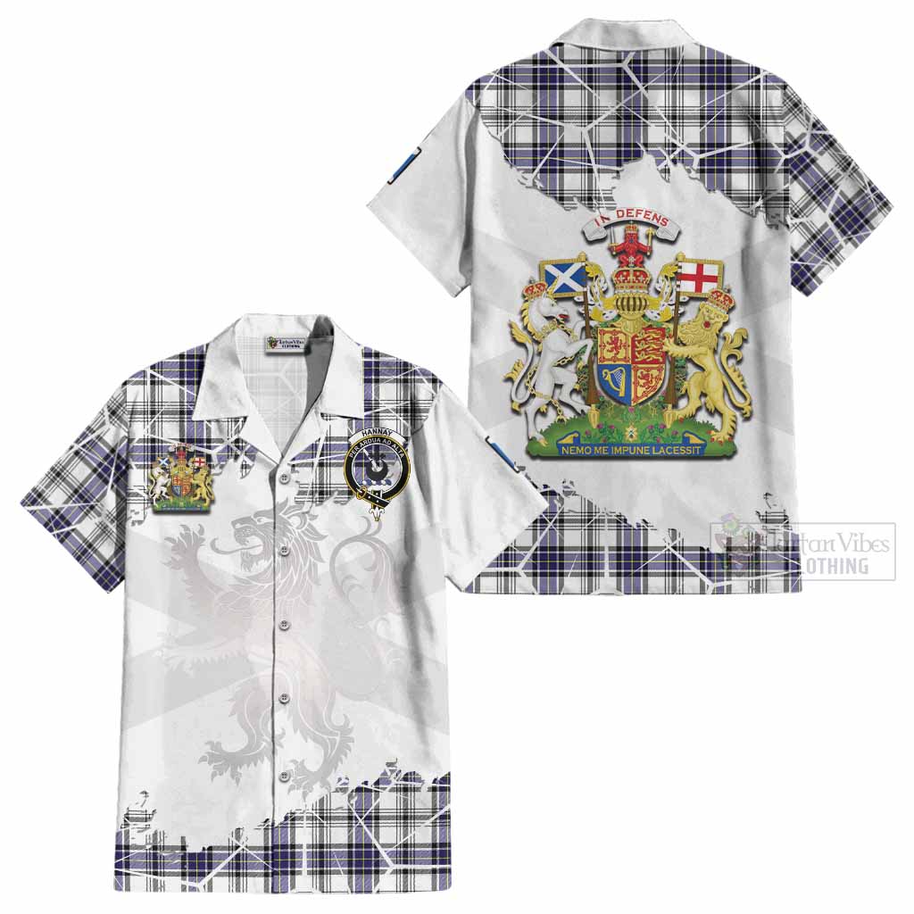 Hannay Tartan Cotton Hawaiian Shirt with Family Crest and Lion Rampant Grunge Style
