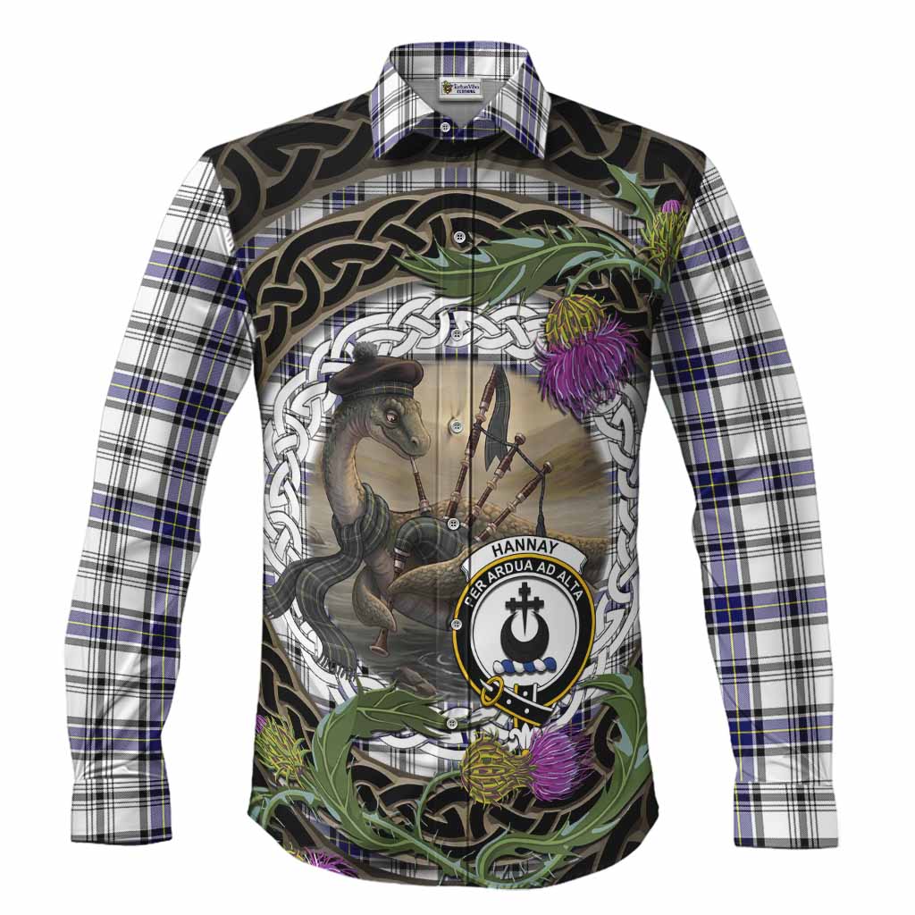 Hannay Tartan Crest Bagpipe Nessie Long Sleeve Button Shirts Scottish Loch Ness Monster Celtic Thistle