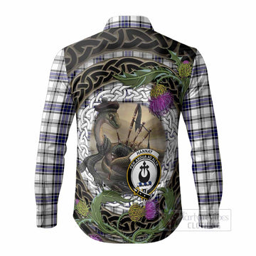 Hannay Tartan Crest Bagpipe Nessie Long Sleeve Button Shirts Scottish Loch Ness Monster Celtic Thistle