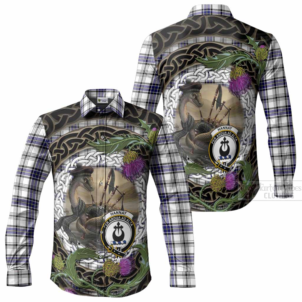 Hannay Tartan Crest Bagpipe Nessie Long Sleeve Button Shirts Scottish Loch Ness Monster Celtic Thistle