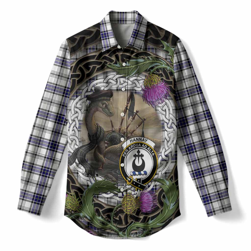Hannay Tartan Crest Bagpipe Nessie Women Casual Shirt Scottish Loch Ness Monster Celtic Thistle