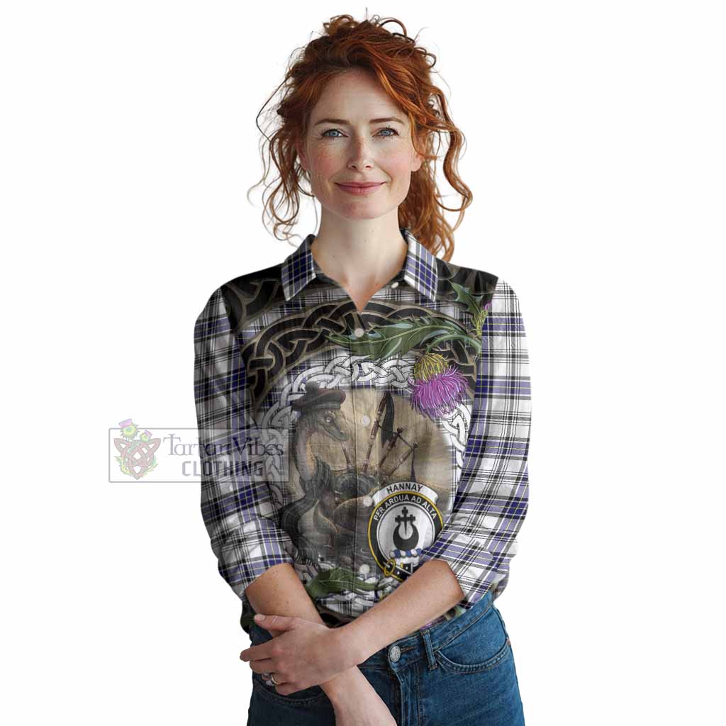 Hannay Tartan Crest Bagpipe Nessie Women Casual Shirt Scottish Loch Ness Monster Celtic Thistle