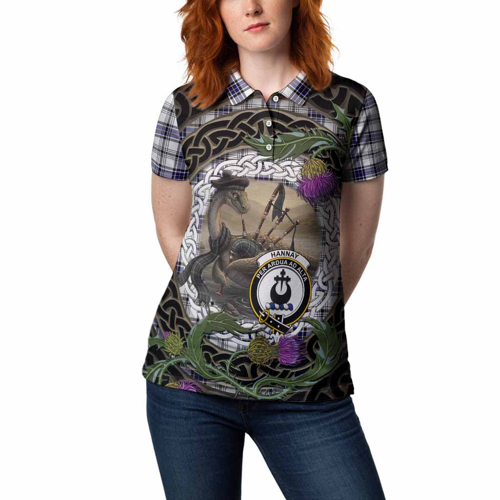 Hannay Tartan Crest Bagpipe Nessie Women Polo Shirt Scottish Loch Ness Monster Celtic Thistle