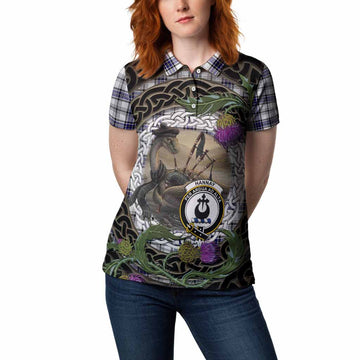 Hannay Tartan Crest Bagpipe Nessie Women Polo Shirt Scottish Loch Ness Monster Celtic Thistle