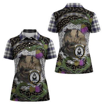 Hannay Tartan Crest Bagpipe Nessie Women Polo Shirt Scottish Loch Ness Monster Celtic Thistle
