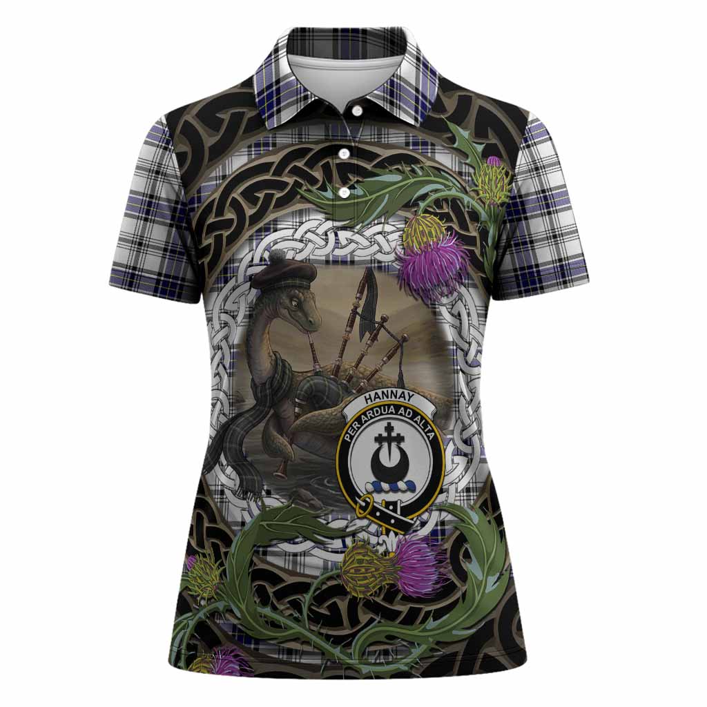 Hannay Tartan Crest Bagpipe Nessie Women Polo Shirt Scottish Loch Ness Monster Celtic Thistle