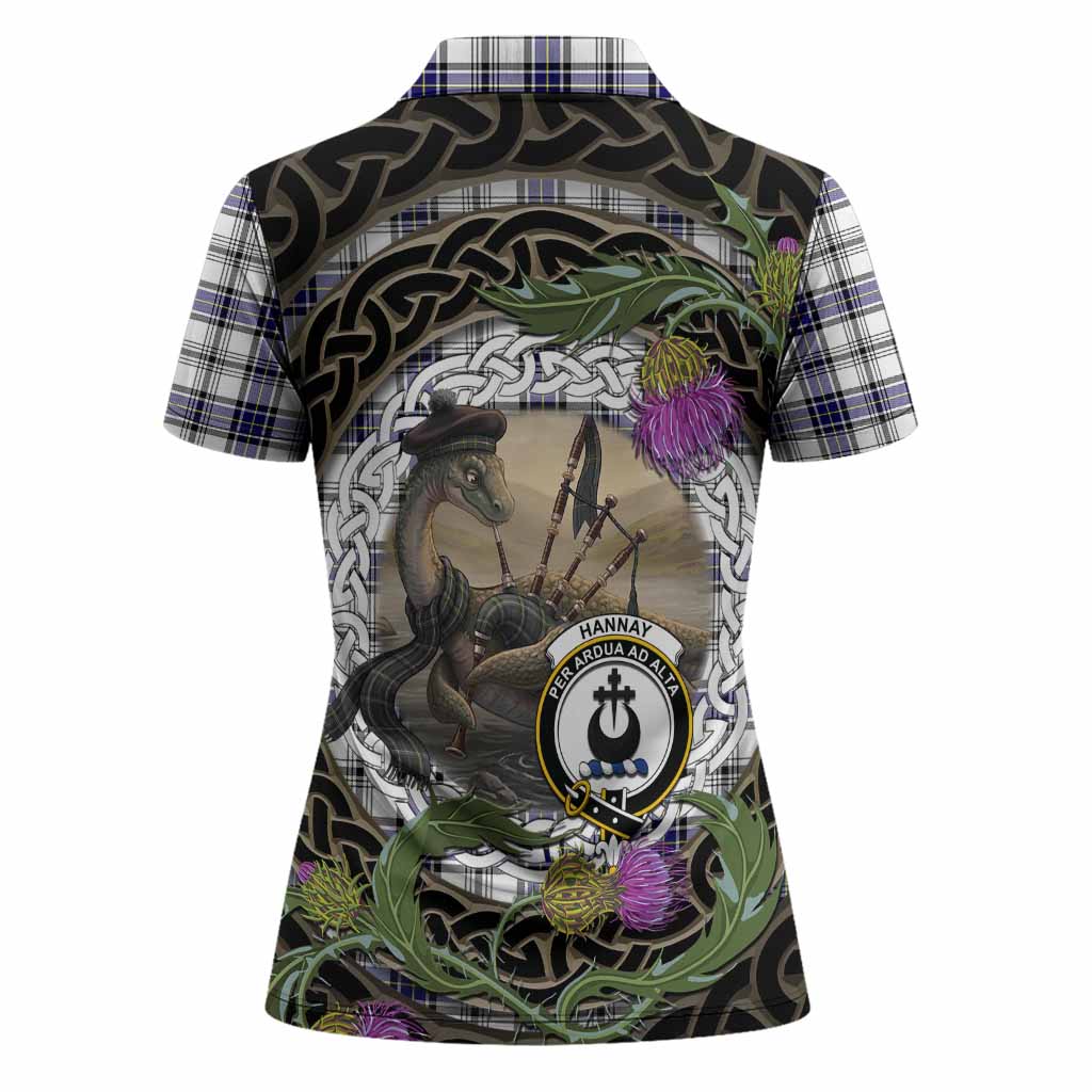 Hannay Tartan Crest Bagpipe Nessie Women Polo Shirt Scottish Loch Ness Monster Celtic Thistle
