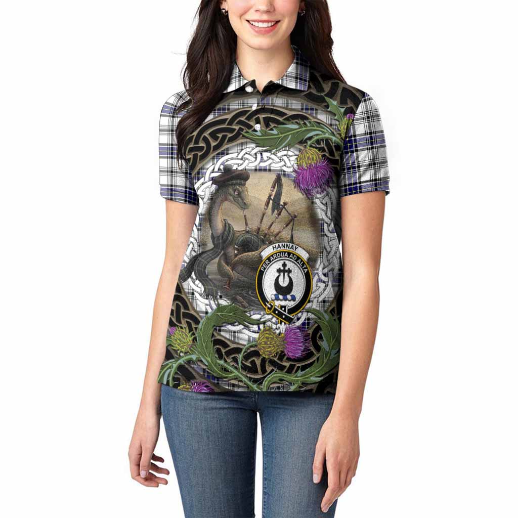 Hannay Tartan Crest Bagpipe Nessie Women Polo Shirt Scottish Loch Ness Monster Celtic Thistle