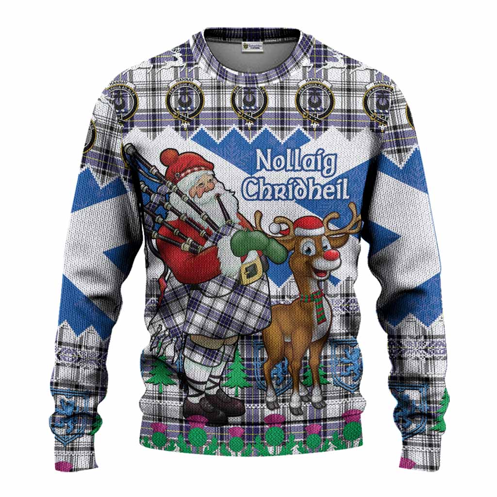 Hannay Tartan Crest Christmas Christmas Ugly Sweater Scotland Santa With Bagpipes Cute Reindeer