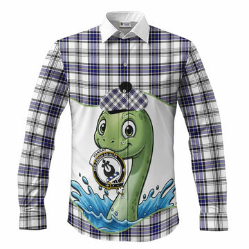 Hannay Tartan Crest Cute Nessie Long Sleeve Button Shirts Scottish Loch Ness Monster
