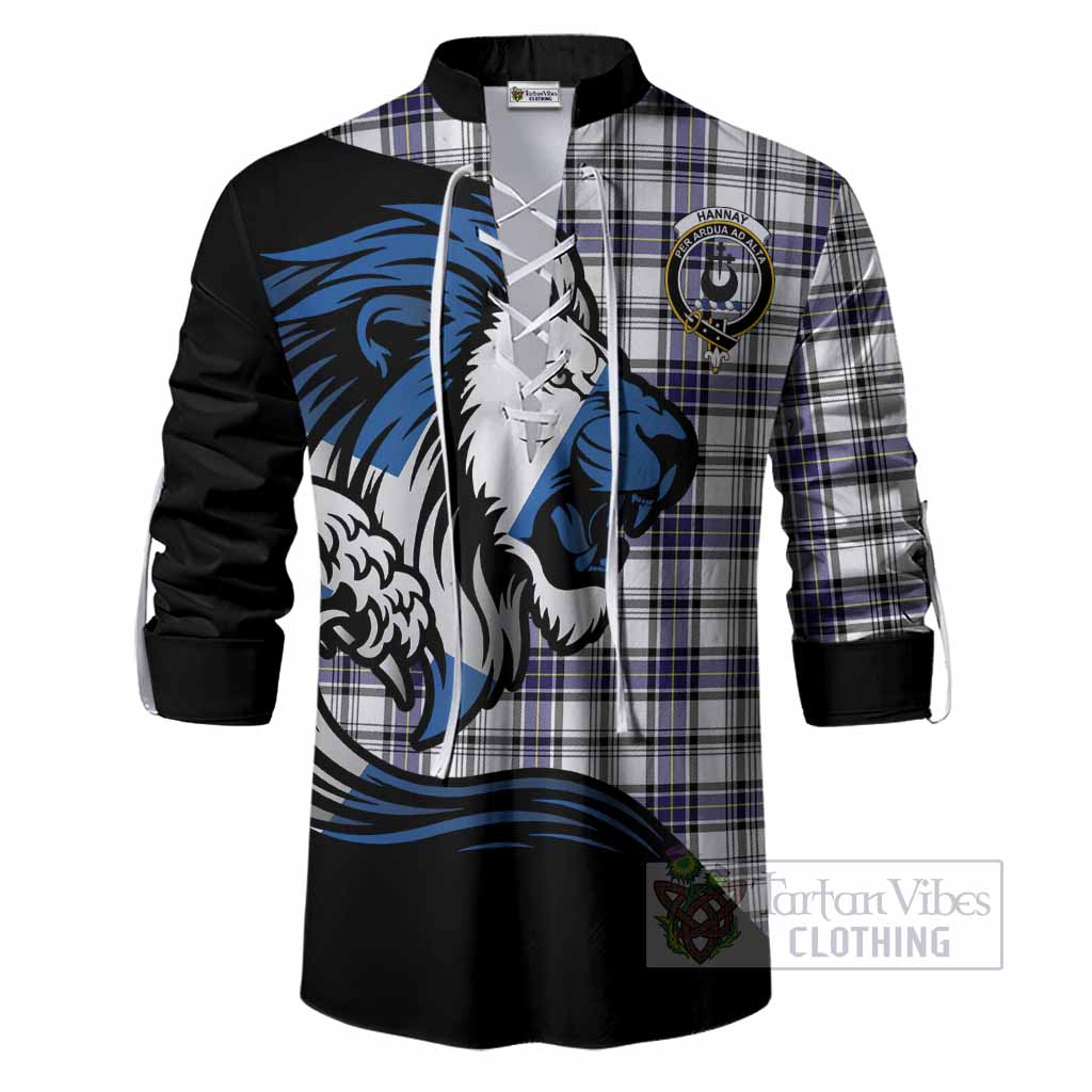 Hannay Tartan Crest Ghillie Shirt Scottish Golden Lions Wave Flow