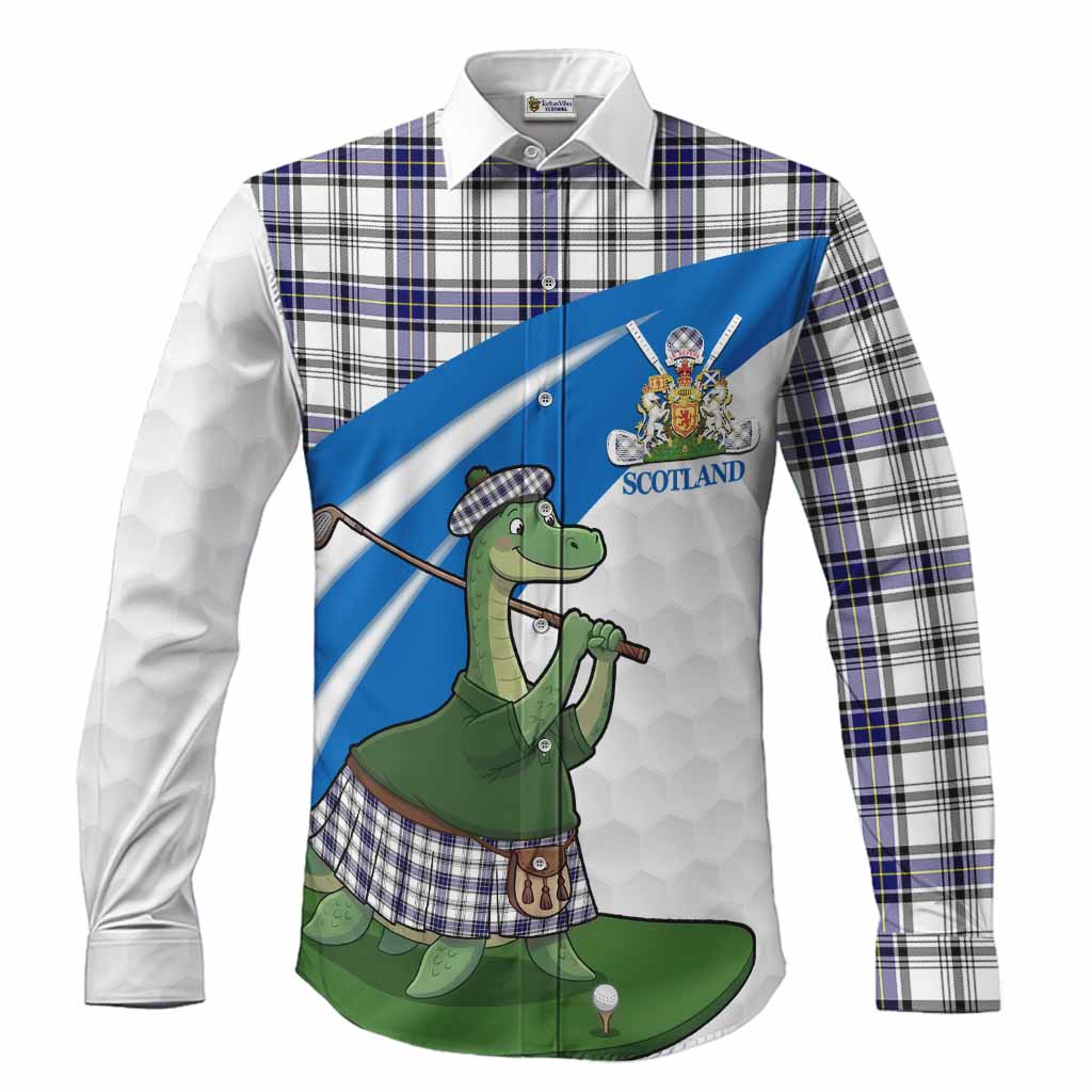 Hannay Tartan Crest Golf Nessie Long Sleeve Button Shirts Loch Ness Monster Sporty Style
