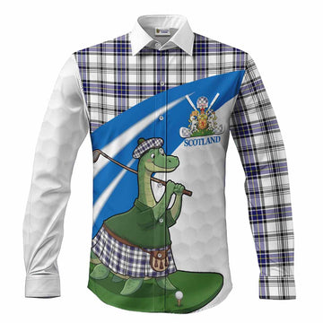 Hannay Tartan Crest Golf Nessie Long Sleeve Button Shirts Loch Ness Monster Sporty Style